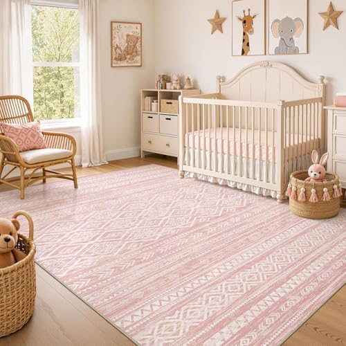 Nakagishi Area Rug Living Room Rugs: 5x7 Large Soft Machine Washable Boho Moroccan FarmNeutral Stain Resistant Indoor Floor Carpet for Bedroom Under Dining Table Home Office Decor-Pink by NakagishiAreaRug