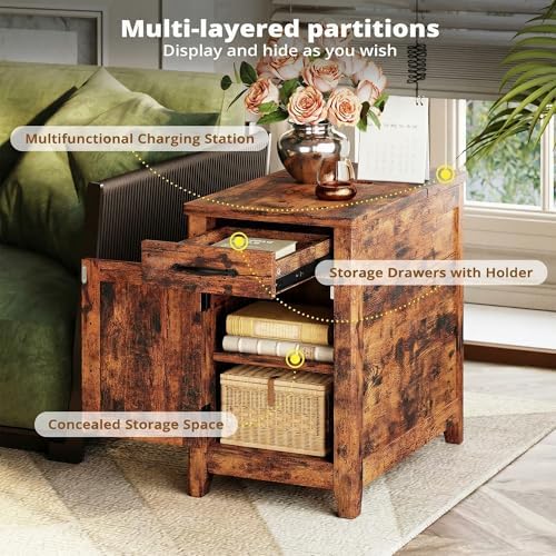 IRONCK End Table with Charging Station, Narrow Side Table, Vintage Brown - Image 4