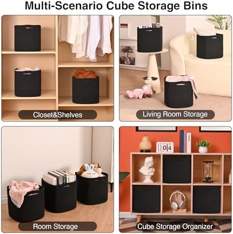 ICERZCZ 11 Inch Cube Storage Bins, Storage Cube Organizer Bins, Woven Cotton Rope Basket for Storage, Storage Baskets for Organizing Shelves, Square Baskets for Toys, Black (Pack of 3) - Image 4