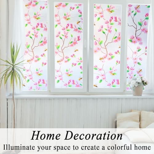Pink Floral Bees Stained Glass Window Film Privacy Anti UV 35x78.7in - Image 2