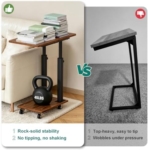 AOODA 22''W TV Tray Table with Wheels Adjustable Height, C Shaped End Tables Living Room, Rolling Couch Side Table with Storage for Sofa, Bed, Recliner (Rustic Brown) - Image 4