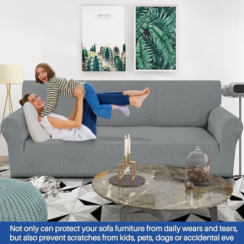 YEMYHOM Couch Cover Latest Jacquard Design High Stretch Extra Large Sofa Covers Pet Dog Cat Proof Oversized Slipcover Non Slip Magic Elastic Furniture Protector (X-Large, Begonia Leaf Dark Gray) - Image 2