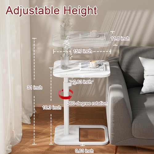 GOYLSER Adjustable Height Sofa C Table, 360° Swivel/180° Flip-Over Panel Side Table with Tablet Slots for Small Spaces, Morden TV Tray Couch Tables for Dinner Eating (White Marble) - Image 2