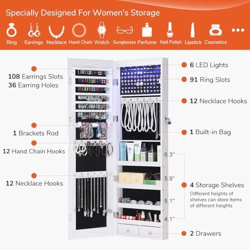 GISSAR Full Length Mirror Jewelry Cabinet, 6 LEDs Jewelry Armoire Wall Mounted Over The Door Hanging, Jewelry Organizer Storage with Lights Lockable White - Image 4