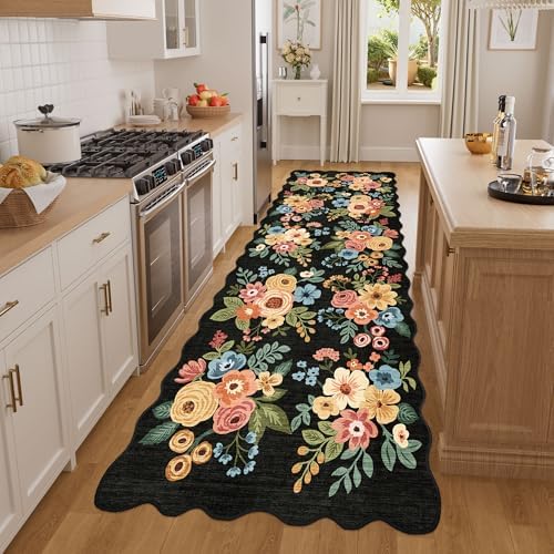 DUKINO 3x8 Kitchen Runner Rug, Soft Floral Washable Rug for Hallway, Black - Image 5