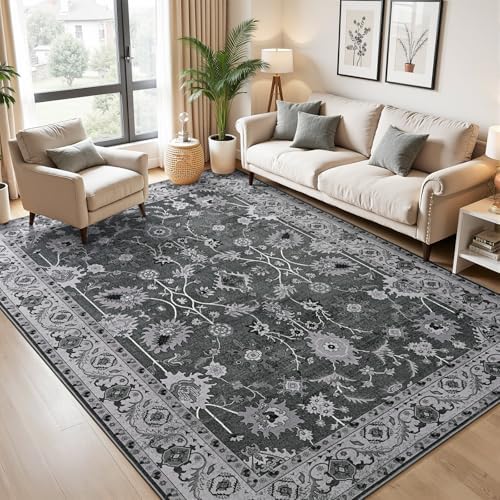 Hanples 6x9 Area Rugs for Living Room, Washable Rug Vintage Floral, Gray - Image 3