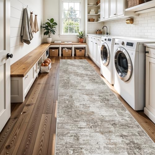 3x20 Extra Long Hallway Runner Rug – Non-Slip Washable Stain-Resistant 20 Ft Carpet for Kitchen & Entryway, Low-Pile Thin Modern Abstract Wide Floor Runner with Rubber Backing (Beige Grey) - Image 3
