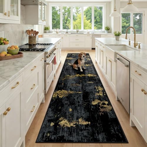 RELEANY Washable Runner 2'6"x10' Abstract Area Rug for Hallway Black Gold by RELEANY