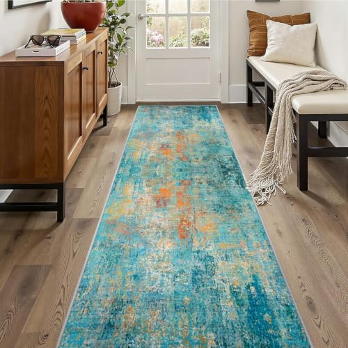 RELEANY Washable Runner 2'x10' Abstract Area Rug for Hallway Teal Multi by RELEANY