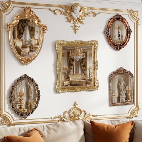 Wonderjune 5 Pcs Vintage Gold Mirror Set for Wall Decorative Resin Frame Ornate Antique Hanging and Tabletop Mirror for Home Dresser Gallery Decor Photography Props Gift (Ornate Style) - Image 4