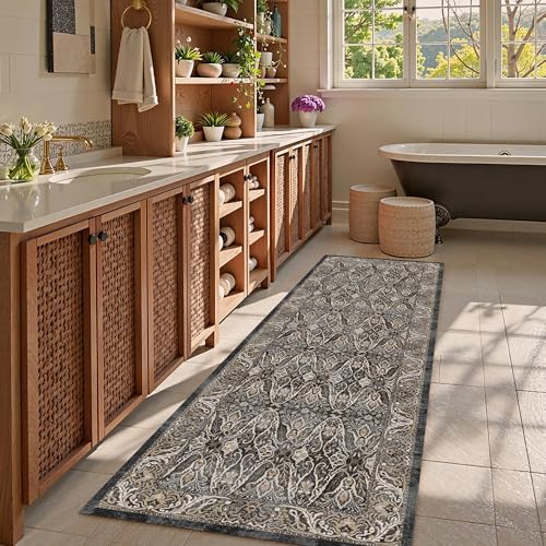 Washable Area Rug 2'6'' x 8' Vintage Traditional Persian Mat - Foldable Distressed Non-Slip Machine Washable Carpet for Living Room Bedroom Kitchen Home Decor - Ebony and Taupe - Image 2