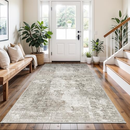 4x8 Washable Area Rug – Non-Slip Rubber Backed Indoor Rug for Entryway, Kitchen, Hallway | Modern Abstract Neutral Low Pile Thin Floor Mat for Bedroom, Living Room, Office (Beige/Grey) by ZHXXUJ