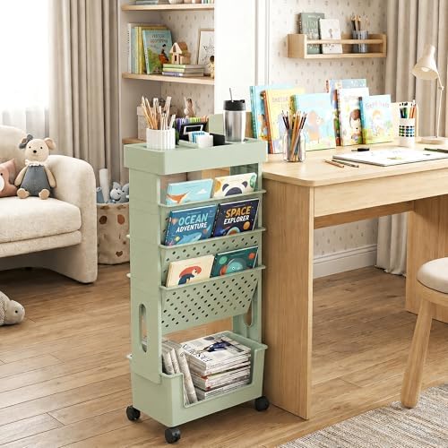 5-Tier Rolling Bookshelf Magazine Rack with Wheels Green - Image 2