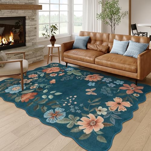 Lahome Floral Washable Area Rugs 5x7, Soft Navy Blue Rugs for Living Room by Lahome