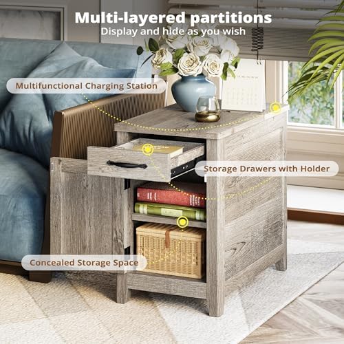 IRONCK End Table with Charging Station, Narrow Side Table, Beige Maple - Image 4
