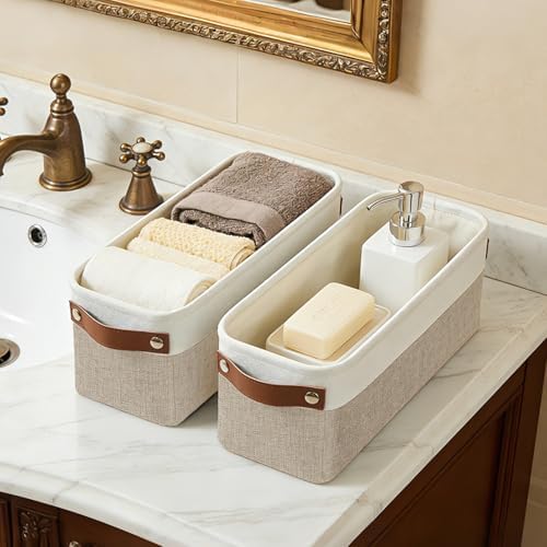 Bagnizer Small Fabric Storage Baskets, 15x6x5 inch Narrow Storage Bins 4-Pack Long Storage Basket for Organizing with Handles, Decorative Basket for Closets, Shelves, Toilet Paper, Beige - Image 4