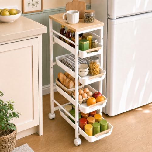 Pipishell Slim Storage Cart, Wooden Top Narrow Kitchen Storage Cart, White by Pipishell