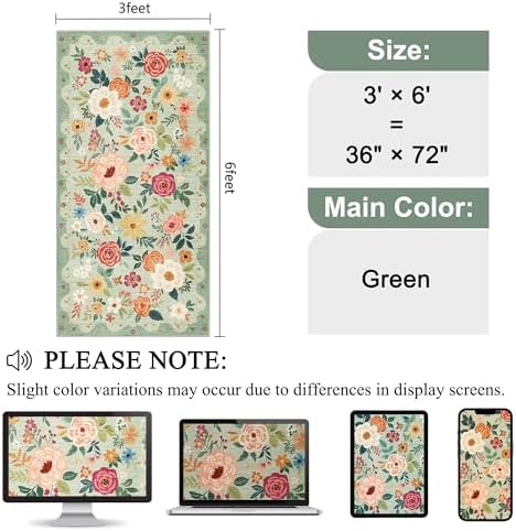 DUKINO 3x6 Runner Rug, Non Slip Floral Washable Rug for Kitchen, Green - Image 2