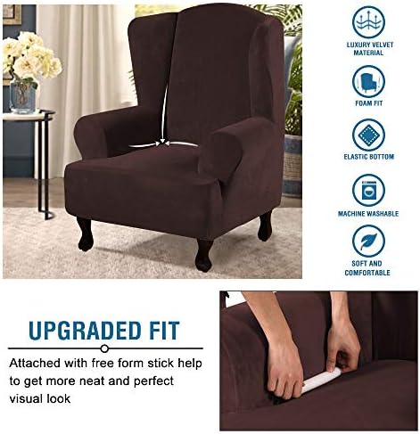 H.VERSAILTEX Wingback Chair Covers Velvet Plush Wing Chair Slipcover 1 Piece High Stretch Wing Back Chair Slipcovers Sofa Cover Furniture Cover with Elastic Bottom, Brown - Image 4
