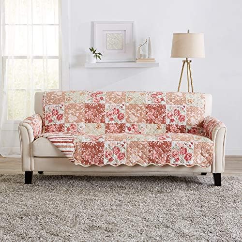 Great Bay Home Reversible Floral Patchwork Sofa Furniture Protector - Machine Washable, Scalloped Edge, Stain Resistant, Printed Furniture Cover for Dogs, Kids, and Pets (Burgundy/Taupe) by GreatBayHome