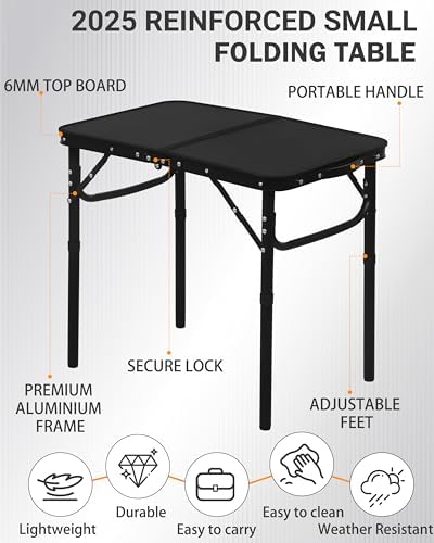 LOFTEY 2025 Reinforced Small Folding Table Portable, Small Foldable Camping Table, Heavy-Duty Mini Folding | 2 Adjustable Height | Lightweight Aluminum with Handle | 25" x 16" x 22", Black - Image 3