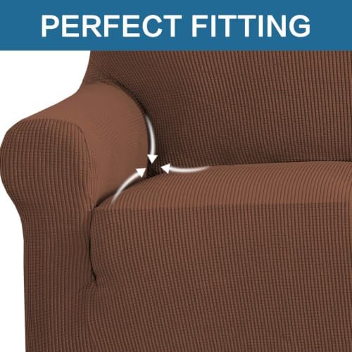 H.VERSAILTEX Stretch Couch Cover Loveseat Covers for 2 Cushion Couch Slipcover|Cover for Loveseat 1 Piece with Elastic Bottom, Checked Jacquard Fabric(58'-70' Wide, Caramel) - Image 5