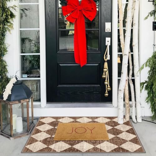 Front Door Rug - 2x3 Brown Beige Checkered Diamond Entry Rug - Image 7