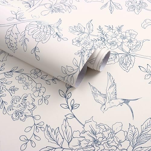 Froluya Cream White and Blue Peel and Stick Wallpaper Floral Contact Paper | 17.7in×590.5in Blue Floral Wallpaper Peel and Stick Vintage Flower Bird Self Adhesive Removable Wall Paper for Bathroom Vinyl by Froluya