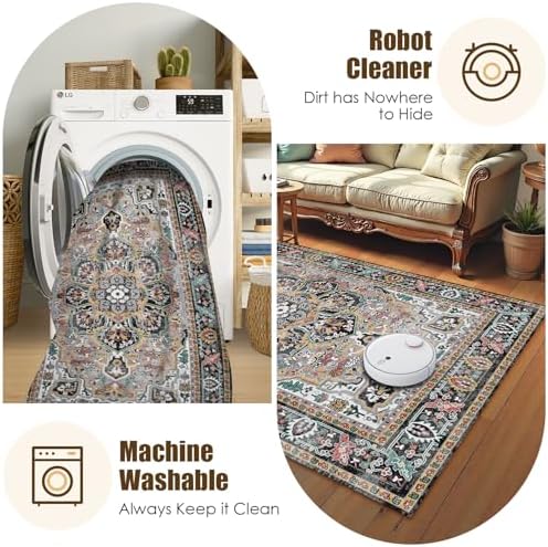 Washable Area Rug 8' x 10' Vintage Traditional Persian Mat - Foldable Distressed Non-Slip Machine Washable Carpet for Living Room Bedroom Kitchen Home Decor - Slate and Multicolor - Image 7