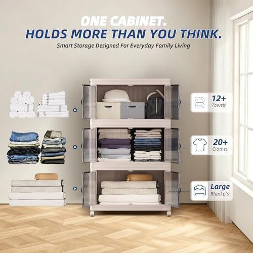 SAILUN 381Qt Extra Large Stackable Storage Bins Folding Collapsible Storage Bins with a Lid, Closet Organizers and Storage Blush White 28" W x 17" D x 46" H - Image 5
