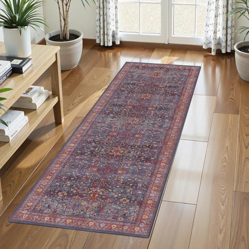 Washable Area Rug 2'6'' x 8' Vintage Traditional Persian Mat - Foldable Distressed Non-Slip Machine Washable Carpet for Living Room Bedroom Kitchen Home Decor - Indigo and Crimson by Unknown