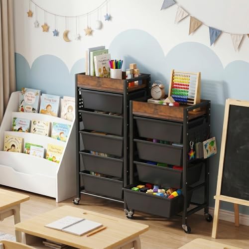 6 Tier Rolling Cart with Drawers, Plastic Drawer Storage Craft Cart with Pegboards & Hooks, Metal Utility Cart with Wheels & Wooden Tabletop, Classroom Office Art Supply Organizers and Storage, Black - Image 2