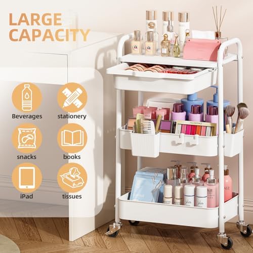KINGRACK 3 Tier Metal Rolling Cart with Drawer, White Utility Storage Cart | 2 Cups & 4 Hooks, Lockable Wheels, Trolley Organizer for Bathroom, Kitchen, Office, Nursery, Dorm, Laundry, Craft Room - Image 3