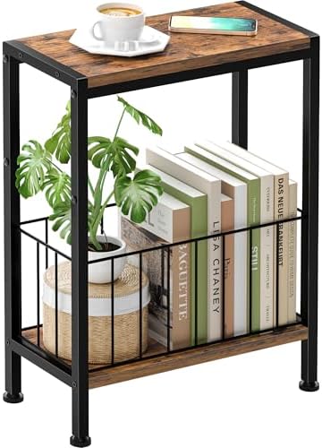 Narrow Side Table, Skinny End Tables with Magazine Holder, Small Sofa Table for Small Spaces, Space-Saving Design, Slim Nightstand Bedside Table for Living Room, Bedroom, Office, Rustic Brown by Lifenite