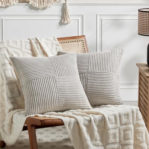 Fancy Homi 2 Packs Neutral Grey Samll Decorative Throw Pillow Covers 14x14 Inch with for Couch Bed Sofa, Rustic Farmhouse Boho Home Decor, Soft Corss Patchwork Corduroy Square Cushion Case 35x35 cm by Fancy+Homi
