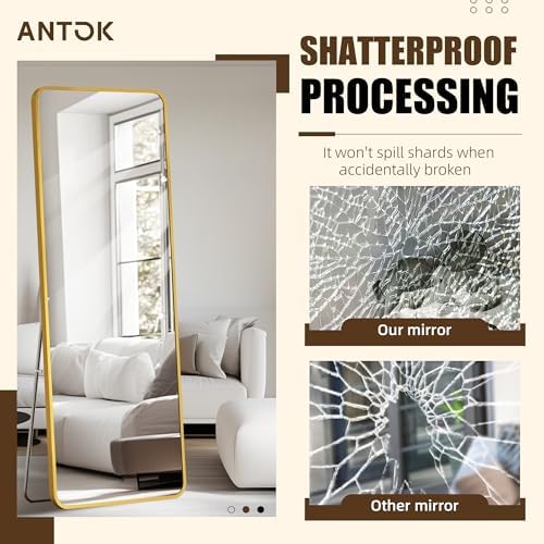 Antok Over The Door Mirror Full Length, 49'' x 14''Wall Mounted Hanging Mirror, Aluminum Alloy Frame, Shatterproof Glass, No Drill Installation for Bedroom, Closet, Bathroom, Dorm, Round Corner,Gold - Image 3