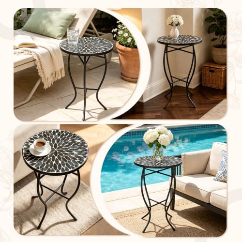 MUMTOP 14" Mosaic Outdoor Side Table, Small Round Patio Accent Table,Black - Image 5