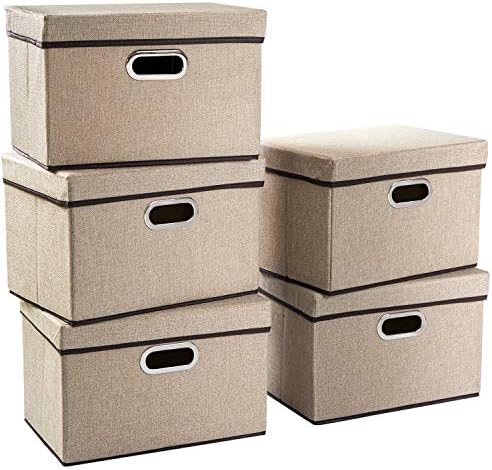 PRANDOM Collapsible Storage Containers with Lids [5-Pack] Jute Fabric Foldable Storage Bins Boxes Organizer Baskets Cube with Cover for Home Bedroom Closet Office Nursery (14.9x9.8x9.8) by Prandom