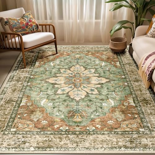 RELEANY Washable Area Rug, 5'x7', Brick/Brown/Green by RELEANY
