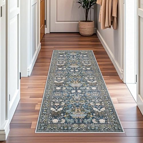Washable Vintage 2x6 Bathroom Rugs: Soft Carpet with Non-Slip Backing for Hallway Entryway Kitchen Stain-Resistant Bedroom Floor Mat – Gifts for Newlyweds/Household Home Decor (2x6,Floral/Blue) - Image 3