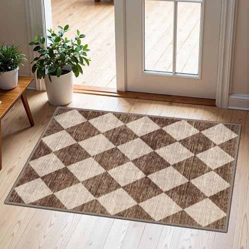 Front Door Rug - 2x3 Brown Beige Checkered Diamond Entry Rug by Othilic
