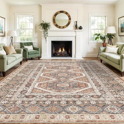 12x15 Area Rug Washable Vintage: Non Slip Living Room Large Rugs Brick - Image 4