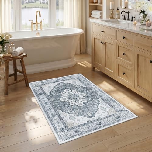 RELEANY Washable Area Rug, Small 2'6"x4', Grey/White/Beige by RELEANY