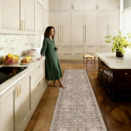 Washable 2'6x12 Entryway Runner Rugs, Vintage Non-Slip Low Pile Rugs Brown - Image 4