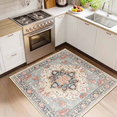 RELEANY Washable Area Rug, Square 4'x4', Beige/Blue/Orange by RELEANY