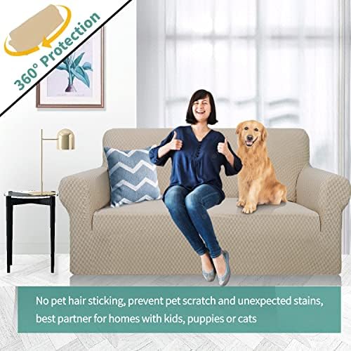 YEMYHOM Couch Cover Latest Jacquard Design High Stretch Sofa Covers for 2 Cushion Couch, Pet Dog Cat Proof Loveseat Slipcover Non Slip Magic Elastic Furniture Protector (Medium, Khaki) - Image 2