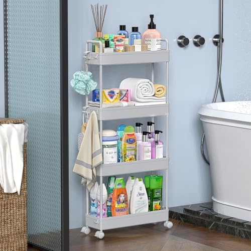 SOLEJAZZ Slim Rolling Storage Cart Skinny Bathroom Organizer, 4 Tier, Gray - Image 6