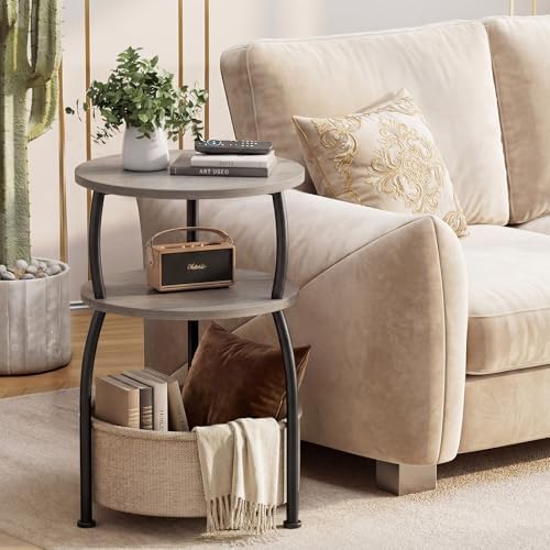 Round Side Table with Storage Basket, End Table Living Room, Greige - Image 2