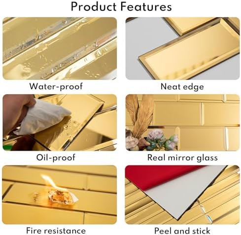 Lovdeco Peel and Stick 3x6 Inch Beveled Gold Mirror Tile Subway Mirror Glass Backsplash for Kitchen Bathroom Wall (40 Pcs, 5 SQ.FT.) - Image 4