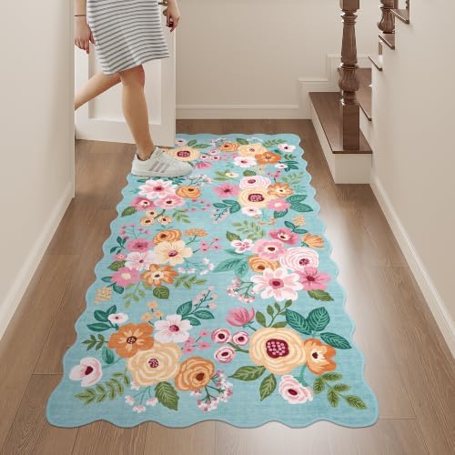 DUKINO 2x4 Rug for Entryway, Floral Washable Kitchen Rugs Non Slip, Teal - Image 5